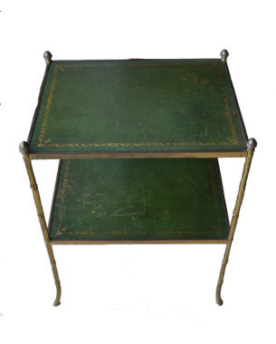 A gilt metal bamboo and leather 2 tier table