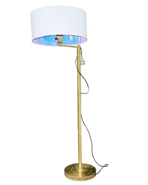 A gilt metal swing arm floor lamp