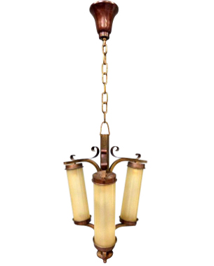 An Art Deco hanging metal and glass three light