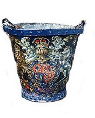 A Georgian painted leather and brass fire bucket with Royal Amorial