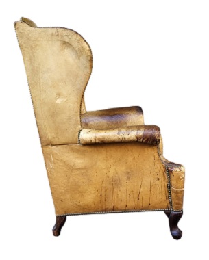 A   Queen Anne style mahogany and leather wing back chair: Image 3