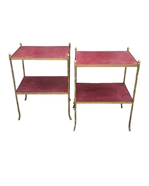 A      fine pair of faux bamboo brass two-tier tables