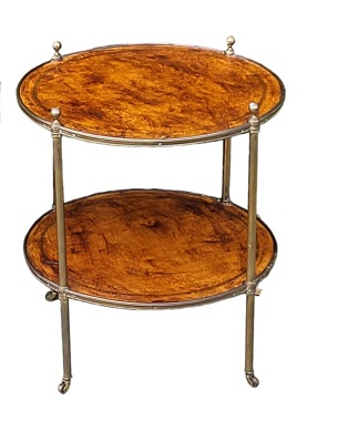 A    Circular two-tier brass and leather table