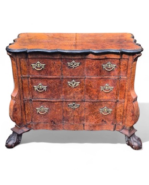 A                Dutch bombe burr walnut commode