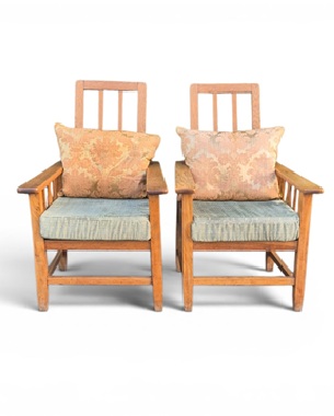 a                 pair of Arts & Crafts pale oak reclining armchairs: Image 2